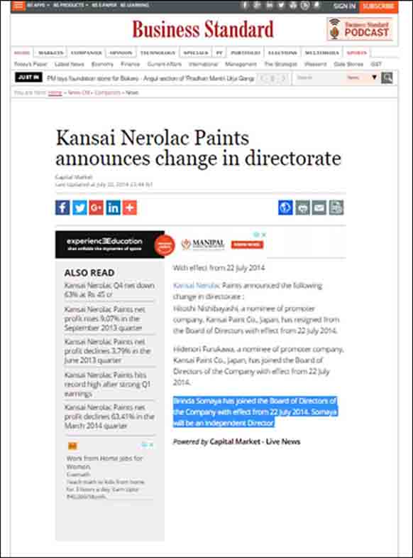 Kanasi Nerolac Paints Announces Change in Directorate, Business Standard
