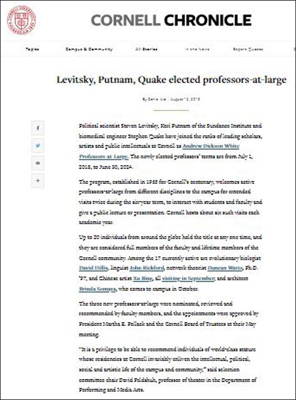 Levitsky, Putnam, Quake elected professors-at-large, Cornell Chornicle