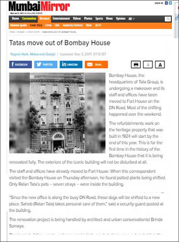 Tatas Move out of Bombay House, Mumbai Mirror